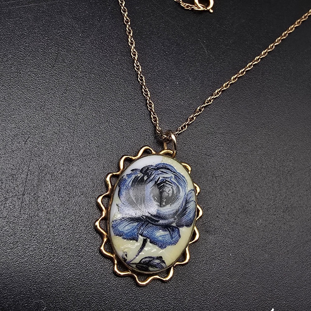 Winard 12K Gold Filled Blue Flower Necklace 925 Sterling Chain Vintage